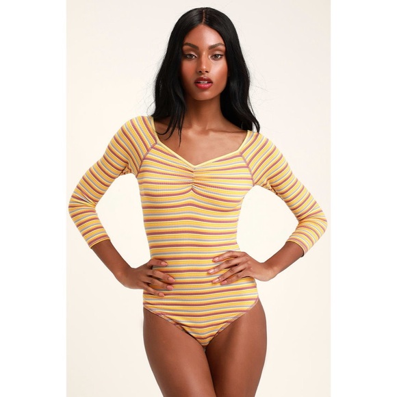 Free People Put a Stripe On It Yellow Combo Striped Bodysuit Size Large - Picture 1 of 8